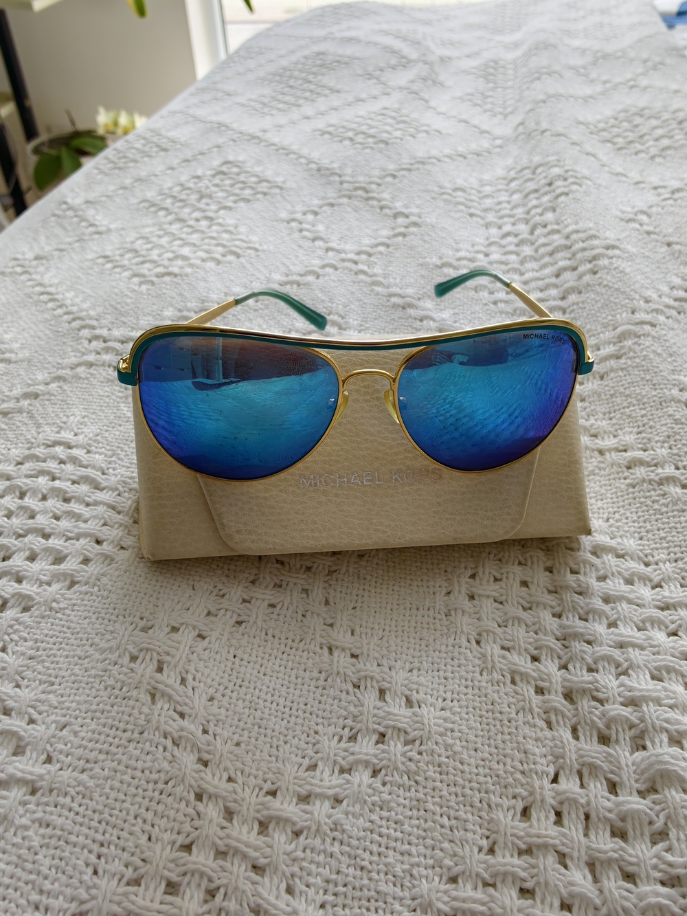 Michael Kors Gold Aviator Sunglasses with Blue Mirrored Lenses - Picture 4 of 4